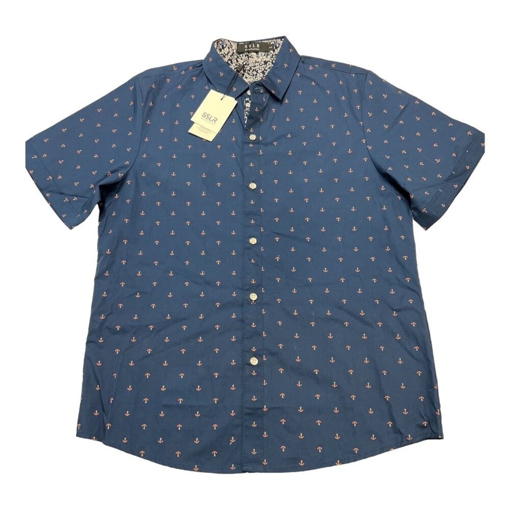 SSLR‎ Shirts Blue Button Down Anchor Print Short Sleeve Size S Preppy Nautical